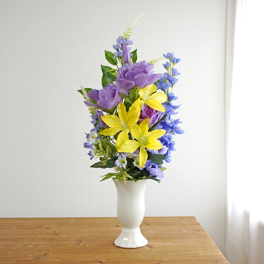 造花 花束仏花 黄百合と紫トルコ桔梗の供花アレ...の詳細画像3