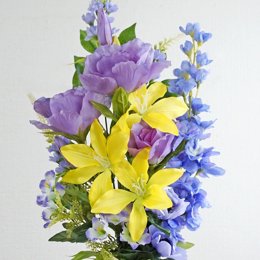 造花 花束仏花 黄百合と紫トルコ桔梗の供花アレ...の詳細画像4