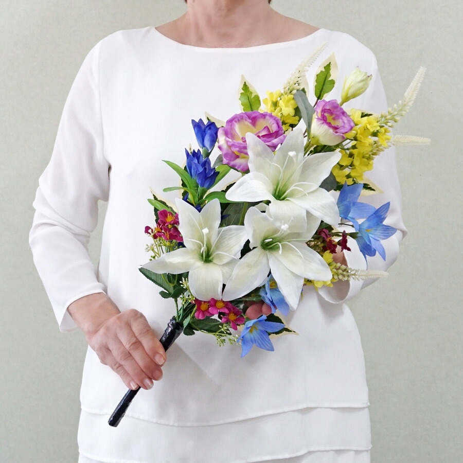 造花 花束仏花 白百合と桔梗 供花アレンジ 単品（1束） 仏花 墓用 お墓