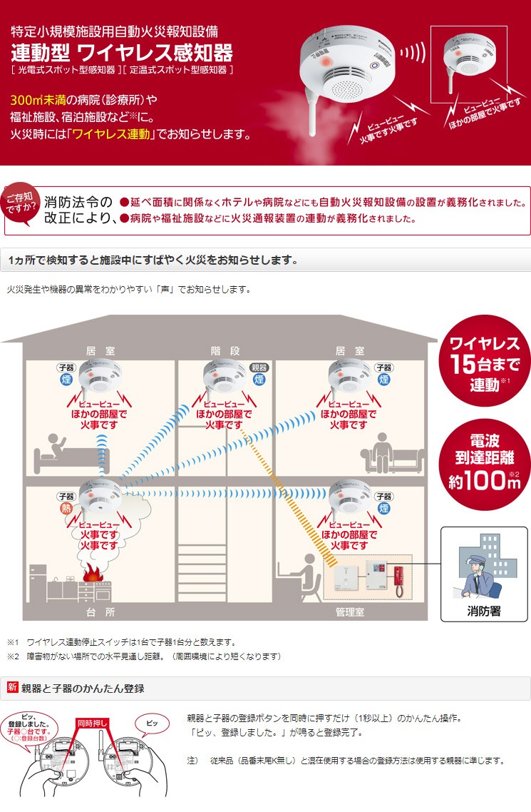 送料無料 特定小規模施設用 自動火災報知設備 連動型 ワイヤレス感知器 警報 舗 パナソニック 合計４台 子器３台 親器１台