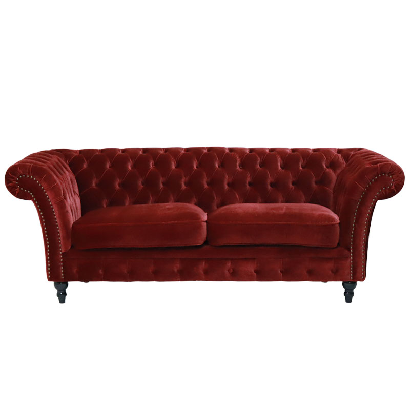 中古 ソファー 2人掛け レッドベルベットチェスターフィールド ソファ