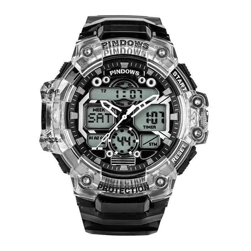 男性用防水デジタル時計 大型時計 透明腕時計 ハンドダイヤル デュアル