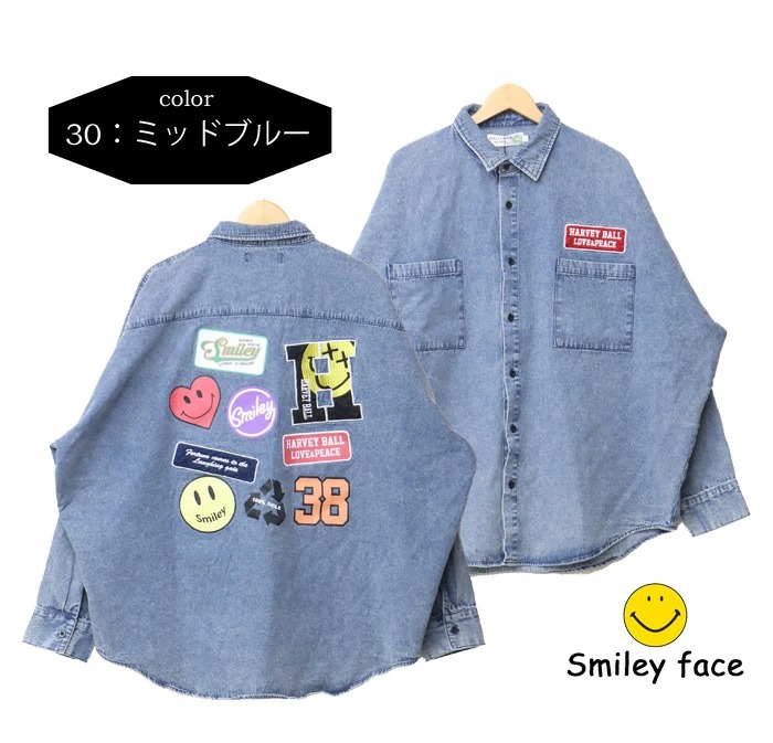 SMILEY FACE スマイリーフェイス ワッペン プリント 長袖 デニム