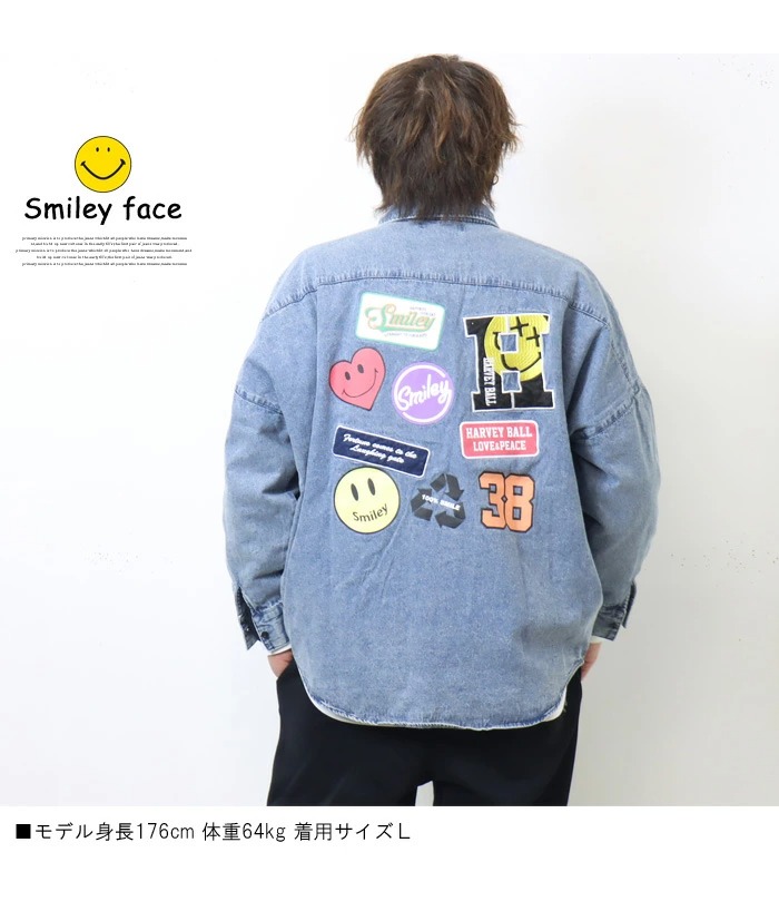 SMILEY FACE スマイリーフェイス ワッペン プリント 長袖 デニム