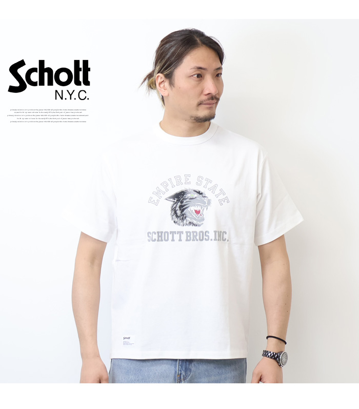 Schott N.Y.C ショット プリント 半袖Tシャツ カラーフロッキー Schott N.Y.C ショット プリント 半袖Tシャツ カラーフロッキー