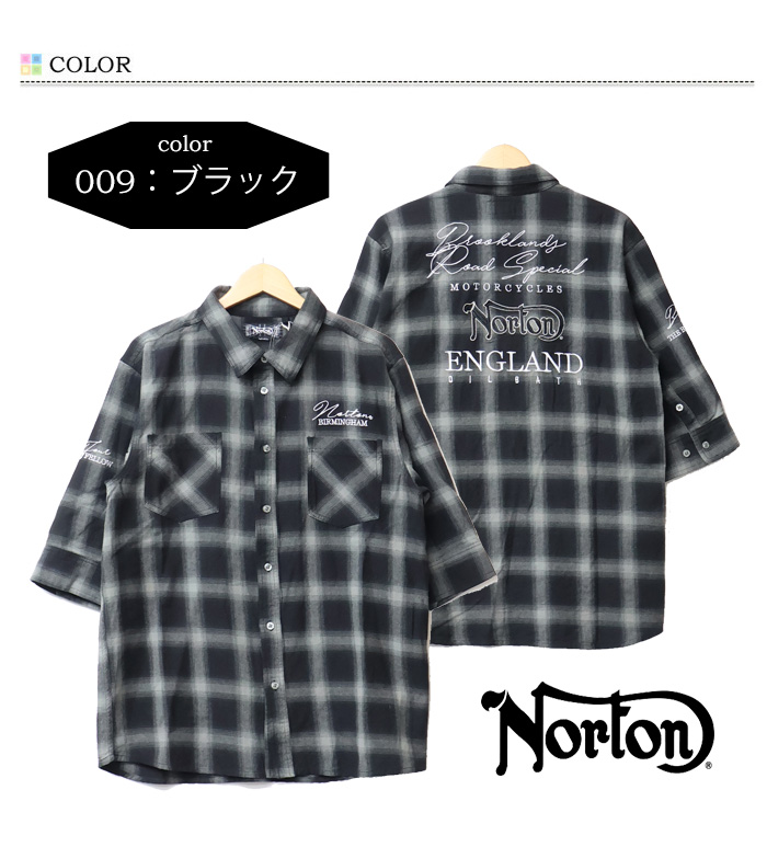 新品　L ノートン Norton メンズ 綿麻混合 6分袖シャツ 接触冷感　襟付 ノートン Norton オンブレチェック 刺繍 5分袖シャツ チェック