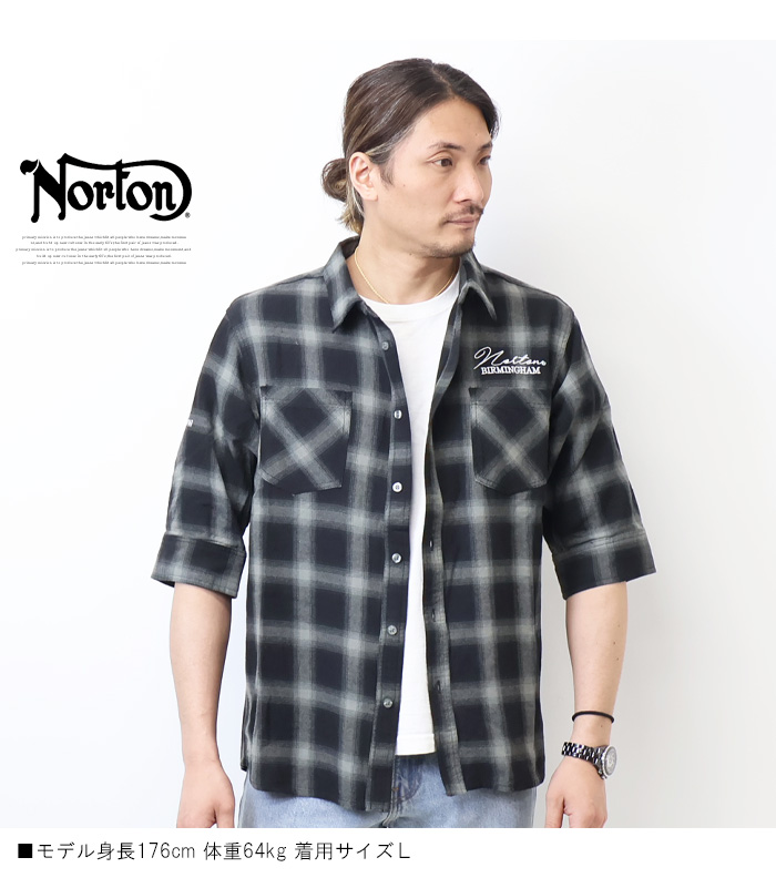 新品　L ノートン Norton メンズ 綿麻混合 6分袖シャツ 接触冷感　襟付 楽天市場】Norton ノートン リネンライク 刺繍 6分袖シャツ 半端