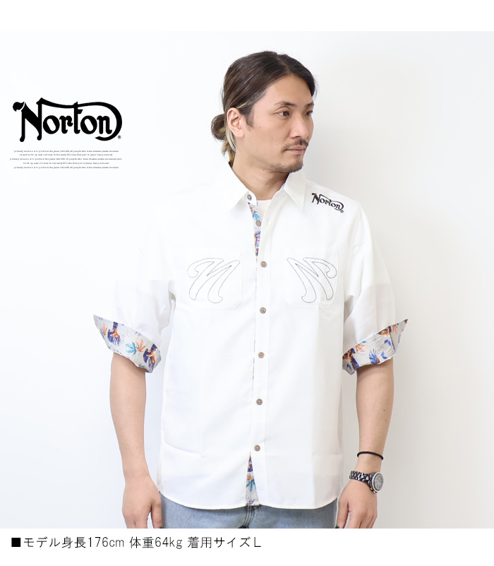 ノートン Norton リネンライク 刺繍 6分袖シャツ 半端袖 メンズ