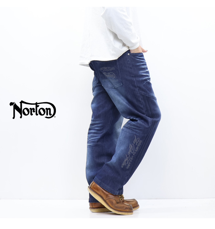 ノートン（NORTON） 暖パン 防風ストレッチ 畝刺繍 ワイドデニムパンツ 
