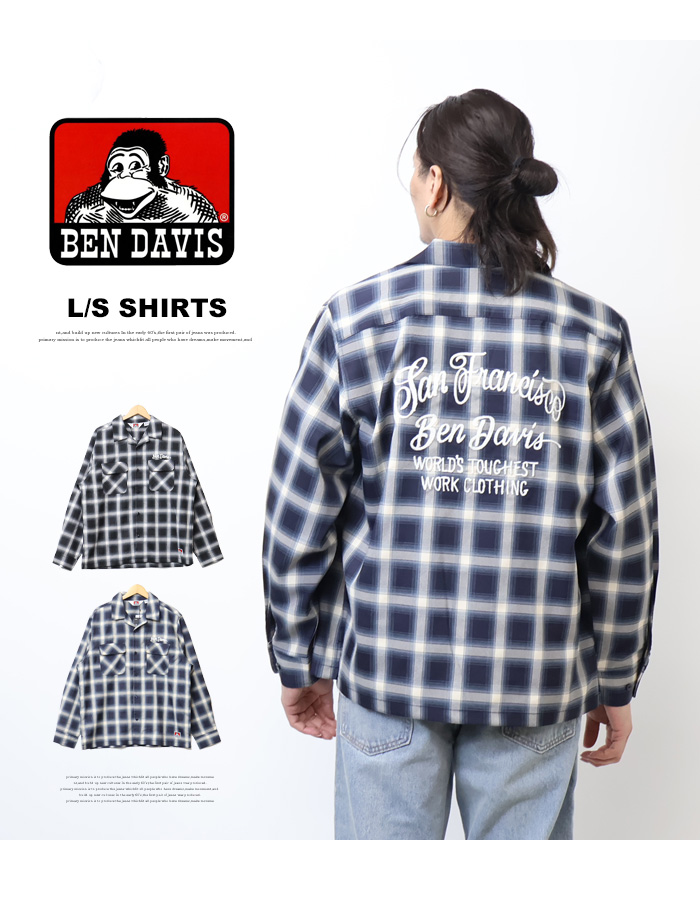 BEN DAVIS（ベンデイビス） クラシカルロゴ刺繍 長袖 オンブレチェック