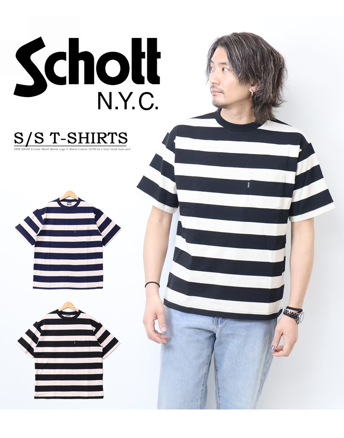Schott N.Y.C ショット ワイドボーダー 胸ポケット 半袖Tシャツ Schott N.Y.C ショット ワイドボーダー 胸ポケット 半袖Tシャツ