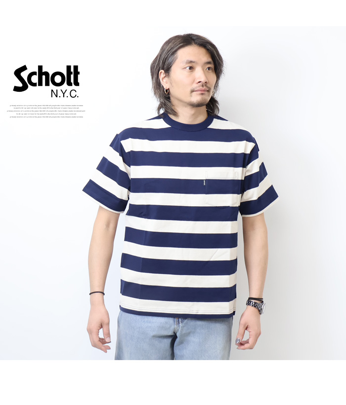 Schott N.Y.C ショット ワイドボーダー 胸ポケット 半袖Tシャツ