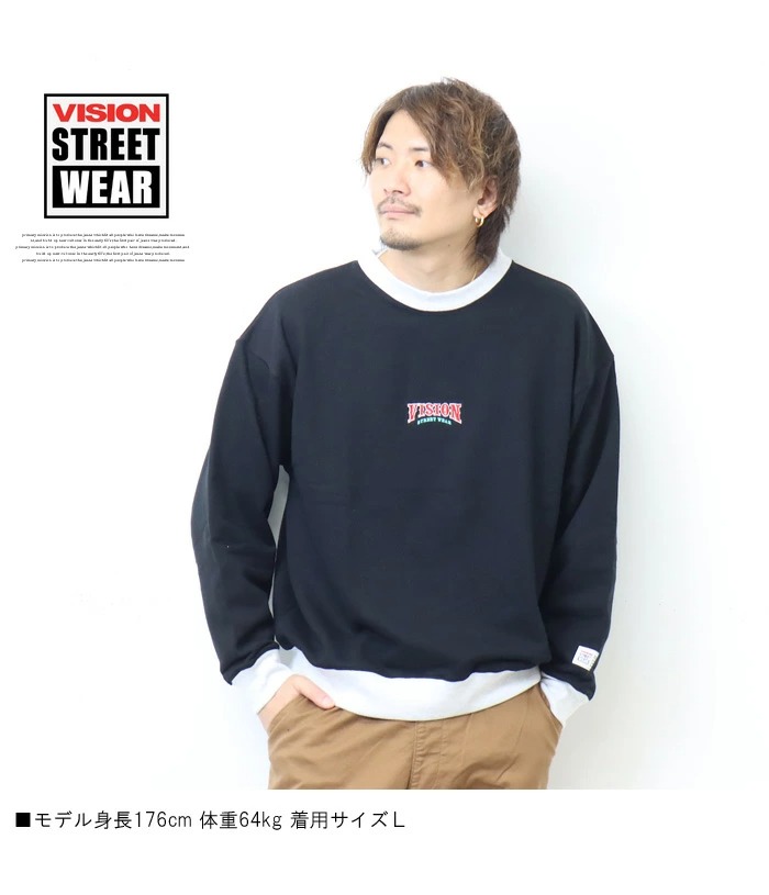 VISION STREET WEAR ビジョンストリートウェアー スケボー刺繍 リンガー スウェットシャツ 裏毛 トレーナー ユニセックス 送料無料  3305010