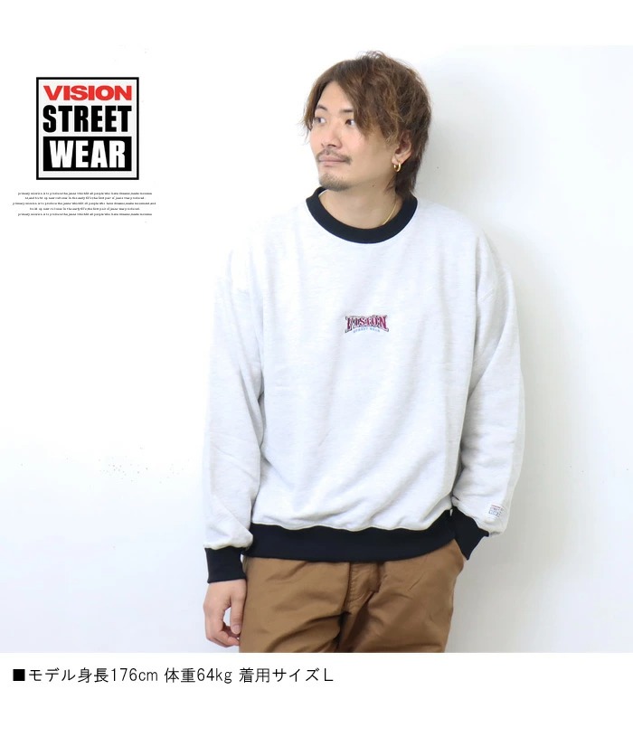 VISION STREET WEAR ビジョンストリートウェアー スケボー刺繍 リンガー スウェットシャツ 裏毛 トレーナー ユニセックス 送料無料  3305010