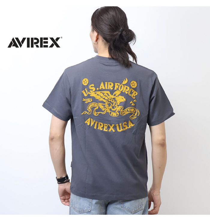 大きいサイズ アヴィレックス 半袖シャツ 切りっぱなし メタルボタン 刺繍 XL AVIREX（アヴィレックス） チェーンステッチ 刺繍 半袖Tシャツ メンズ