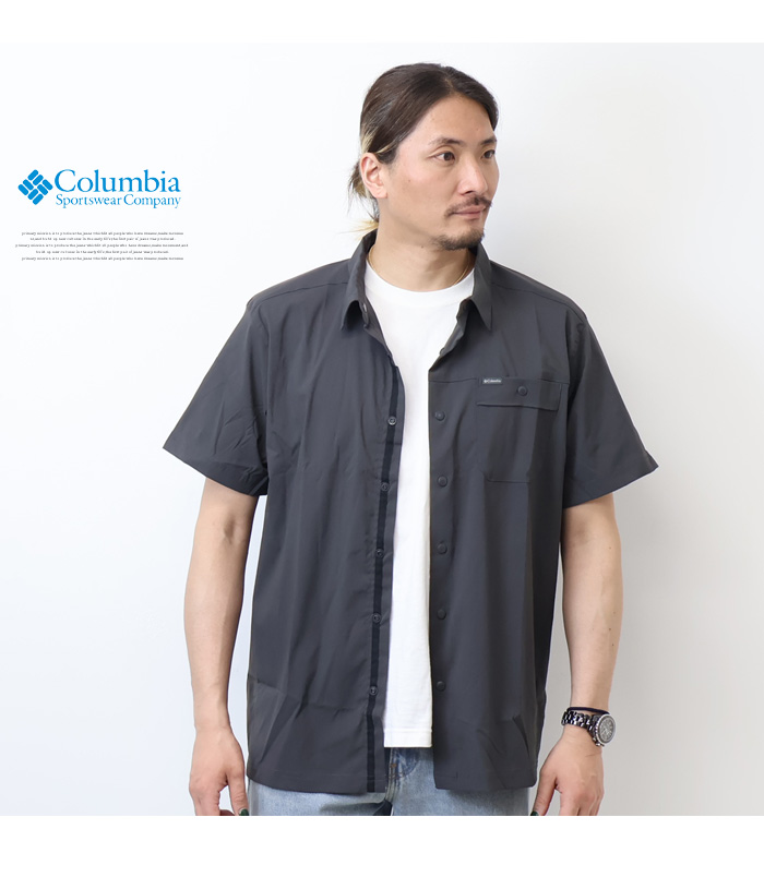Columbia◆半袖シャツ/XL/ナイロン/グレー/am4609/オムニシールド Columbia コロンビア ランドローマー リップストップ ショート