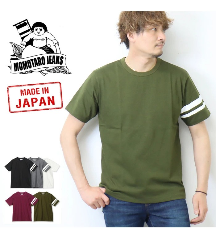 桃太郎ジーンズ 出陣 袖ライン 半袖 Ｔシャツ 日本製 半T メンズ 袖