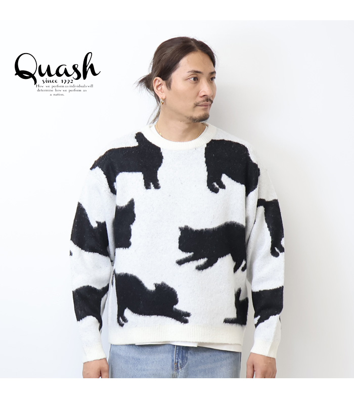 Quash（クアッシュ） ネコ 総柄ジャガード クルーネックニット ねこ 猫