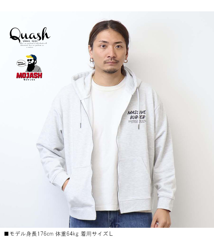 Quash クアッシュ レザー風プリント スウェットジップパーカー 裏毛