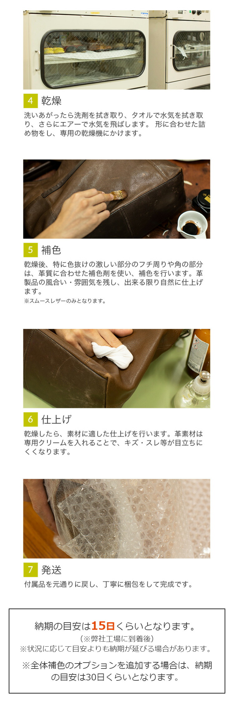 (4)乾燥(5)補色(6)仕上げ(7)発送、納期の目安は15日くらいとなります。