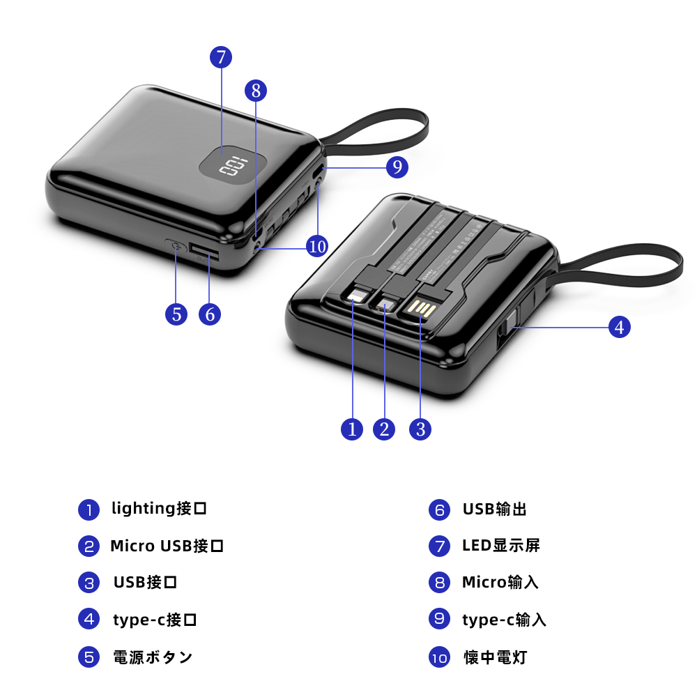 モバイルバッテリー 20000mAh 大容量 スマホ充電器 充電 4つケーブル