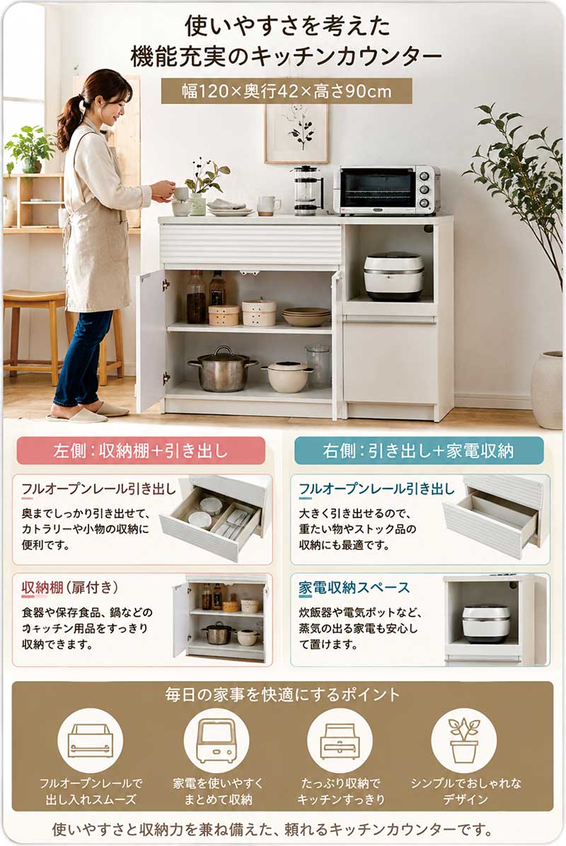 5日つく日 P9%〜 キッチンカウンター 120 レンジ台 食器棚 日本製 大川