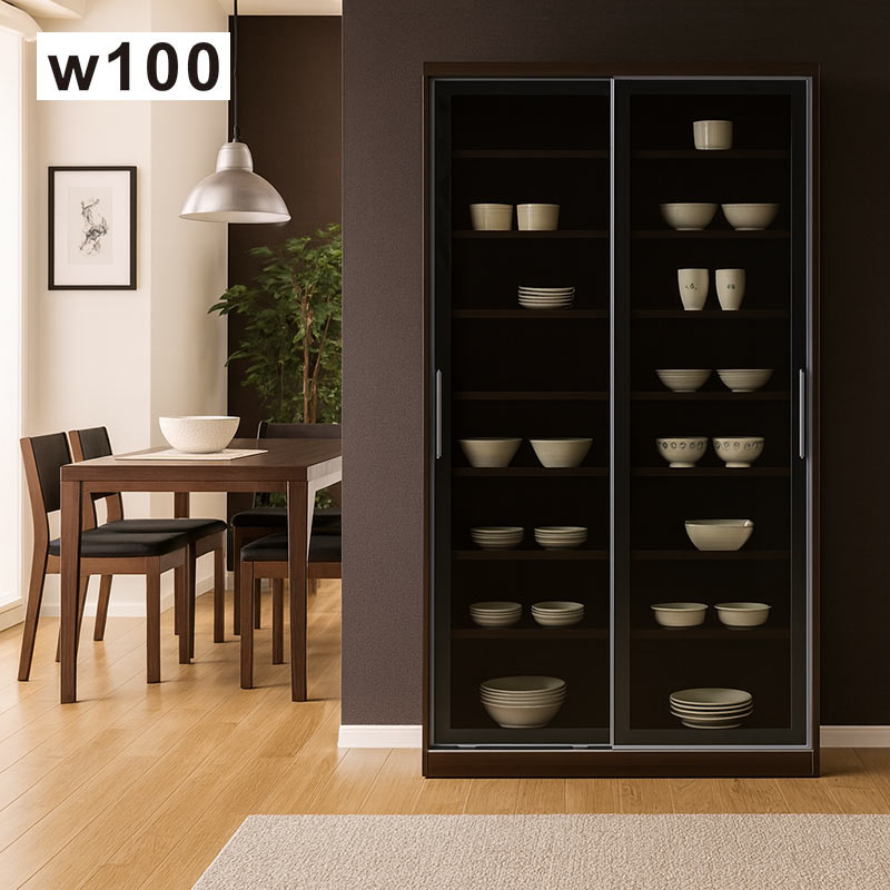 25日P9%〜 食器棚 キッチンボード ハイタイプ 幅100 光沢 艶有り