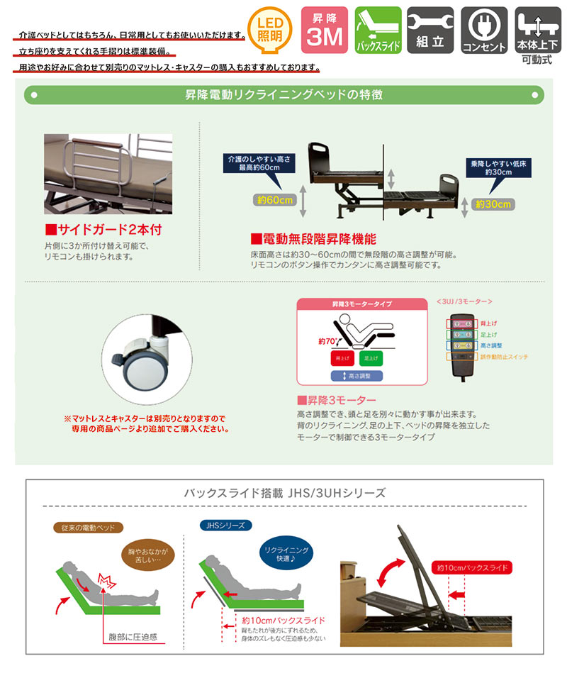 リクライニングベッド 3モーター シングル 昇降 手すり 宮付 LEDライト コンセント キャスター付き 高さ調整 介護用品