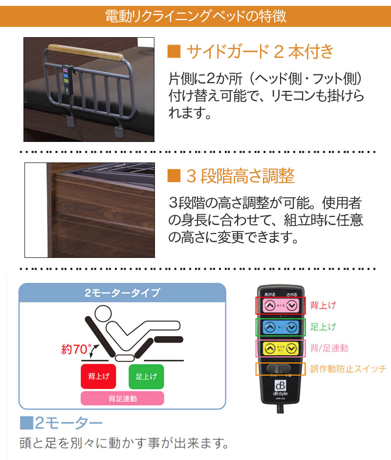 電動ベッド 2モーター 介護 シングル 昇降式ベッド 介護ベッド 高さ調整 介護家具 介護用品 2Mリモコン