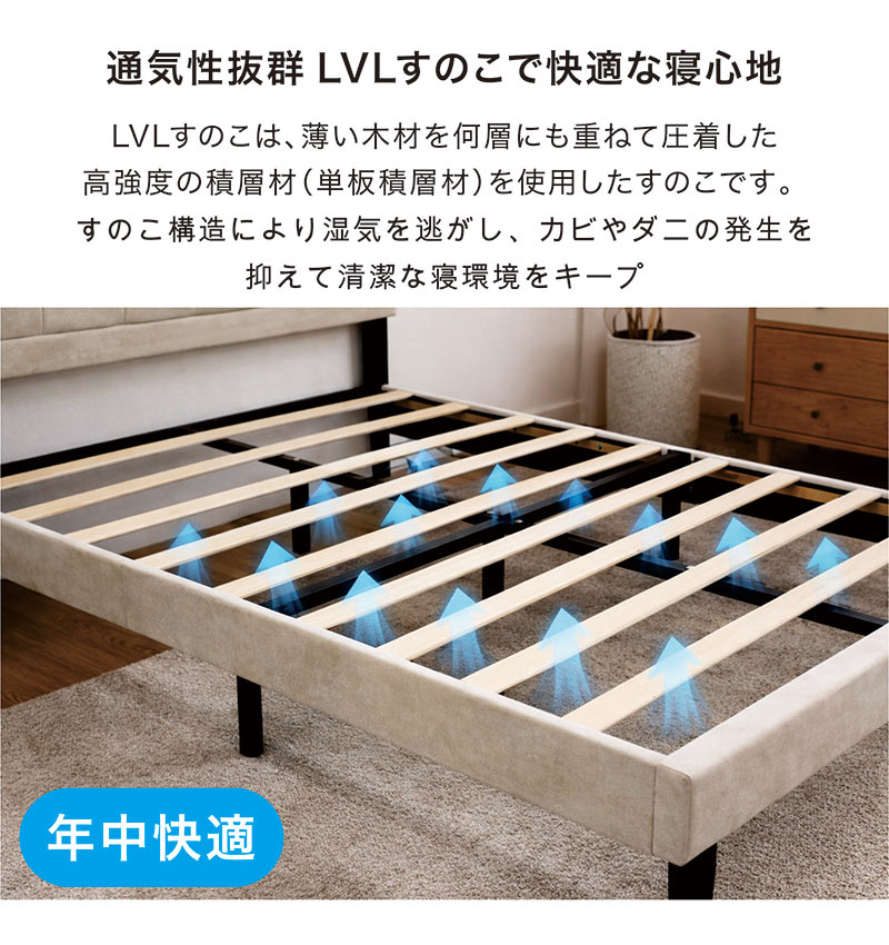 ダブルベッド フレームのみ ファブリック ベージュ すのこベッド おしゃれ 脚付き お掃除ロボ対応