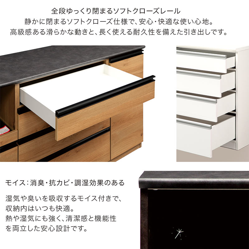 キッチンカウンター 横幅140㎝ 引き出し3個（ソフトクローズ） 大型引出し1個 1枚扉 棚板可動式 プッシュ式スライド棚板付き ホワイト 鏡面仕上げ レンジボード キッチンボード 食器棚■奥行45cm×高さ93cm■近隣配送無料 買取帝国 朝霞店 楽天市場】キッチンカウンター ソフトクローズ 140の通販