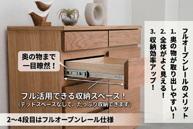キャビネット 木製 幅80 4段 北欧 チェスト リビング収納 オーク突板 桐 引出 扉 脚付き 背面化粧仕上げ