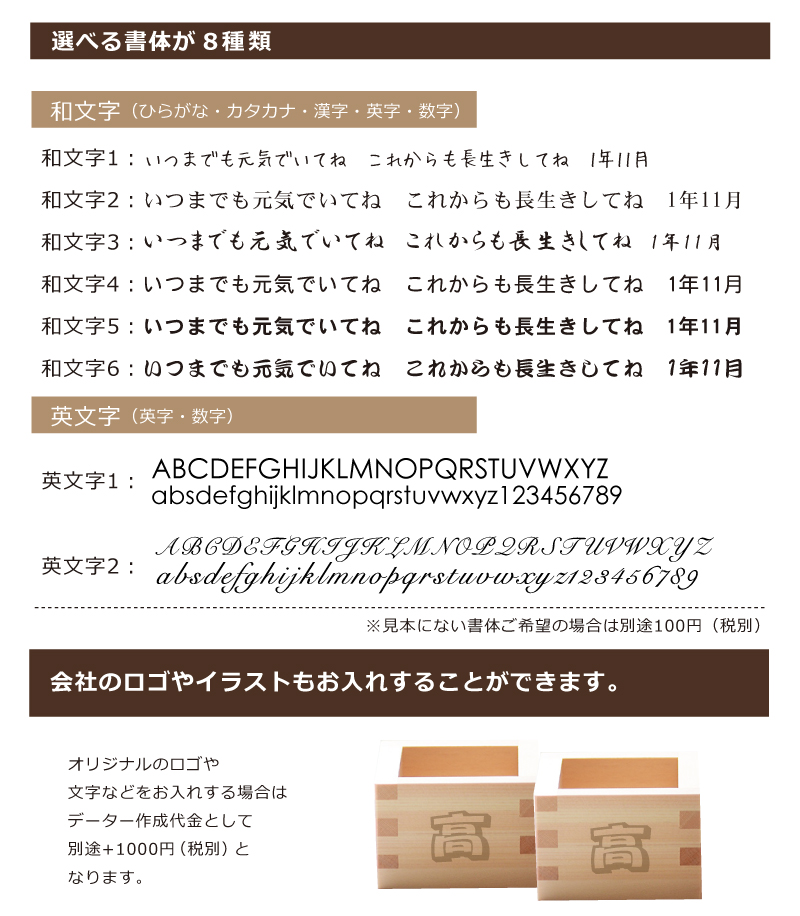 枡にレーザー彫刻する際の書体見本の画像
