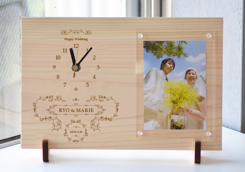 送料込】メッセージと名前と日付入りウッド クロック＆フォトフレーム