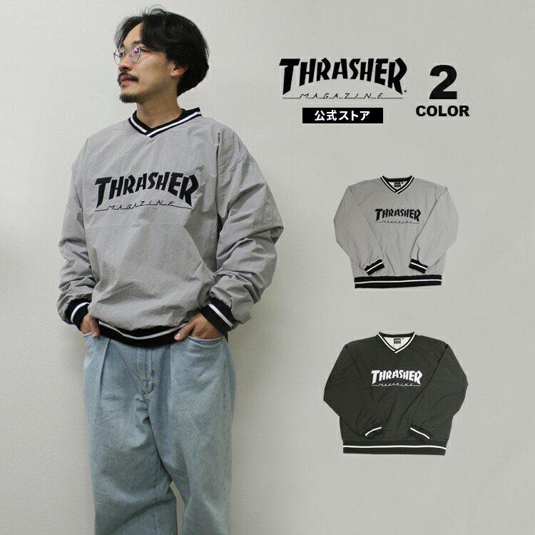 thrasher ナイロン プルオーバー ライトグレー セール】【at】〔THRASHER/スラッシャー〕フロントロゴ刺繍