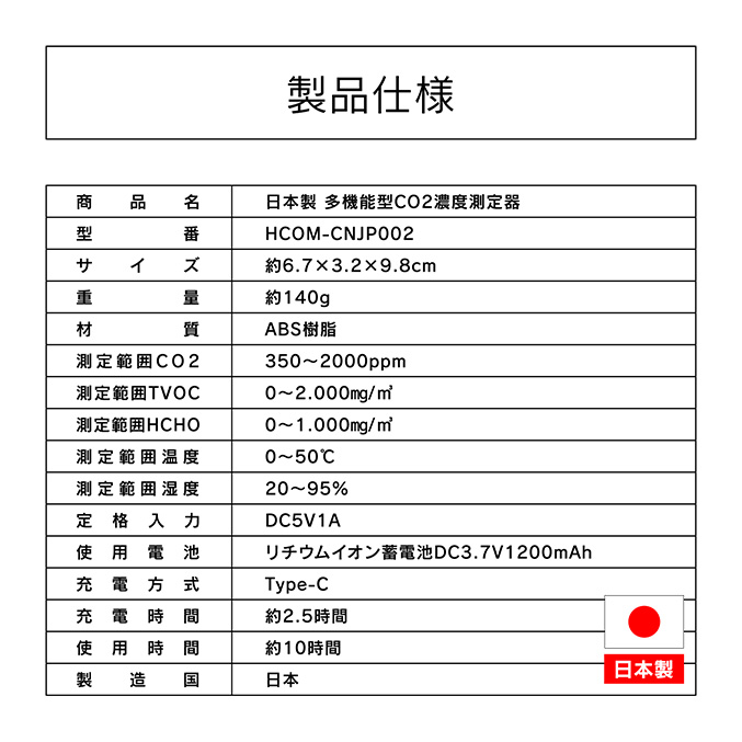 日本製多機能型CO2濃度測定器