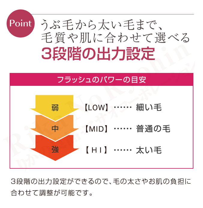 うぶ毛から太い毛まで、毛質や肌に合わせて選べる3段階の出力設定
