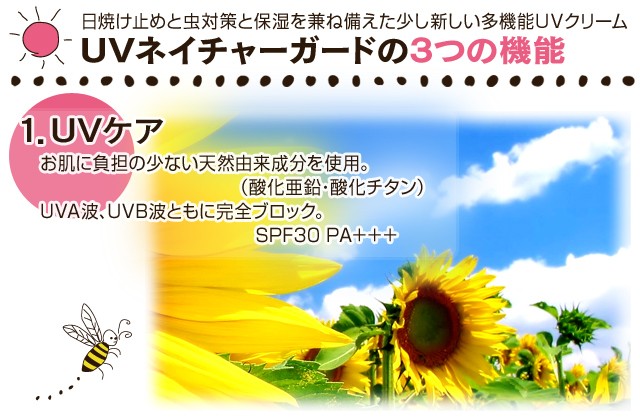 日焼け止めと虫除けと保湿を兼ね備えた少し新しい多機能UVクリームUVネイチャーガードの3つの機能1.UVケアお肌に負担の少ない天然由来成分を使用。（酸化亜鉛・酸化チタン）UVA波、UVB波ともに完全ブロック。SPF30 PA＋＋＋