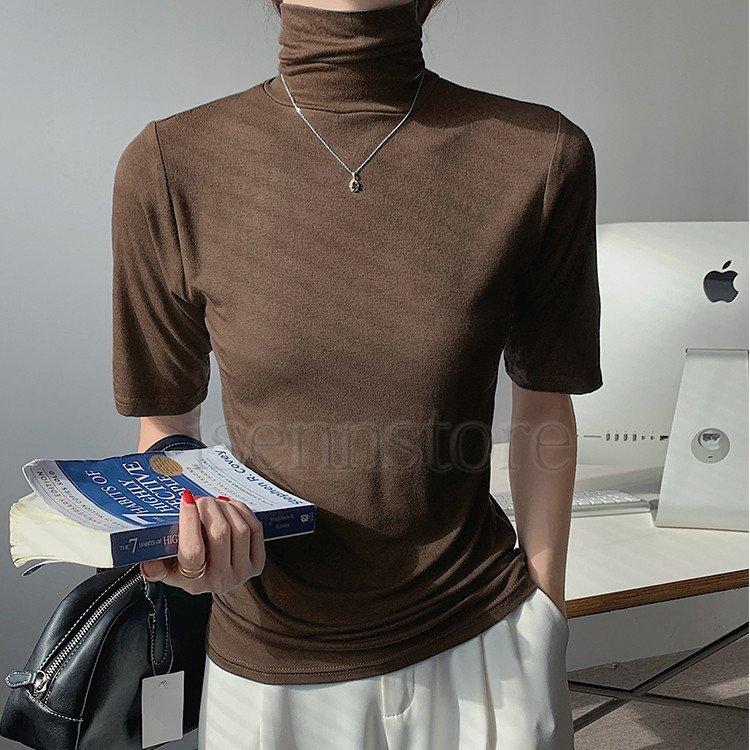 tシャツ レディース 春夏 半袖 タートルネック ハイネック  無地 カットソー ス uvカット 柔か インナー 伸縮性 薄手 5分袖 |  | 06