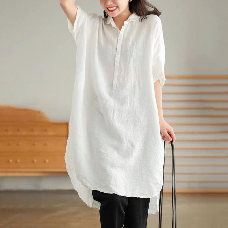 シャツ レディース ロング 半袖 ブラウス リネン Tシャツ ロングシャツ 春 夏 春服 夏服 きれいめ トップス カットソー カジュアル 体型カバー | ブランド登録なし | 01