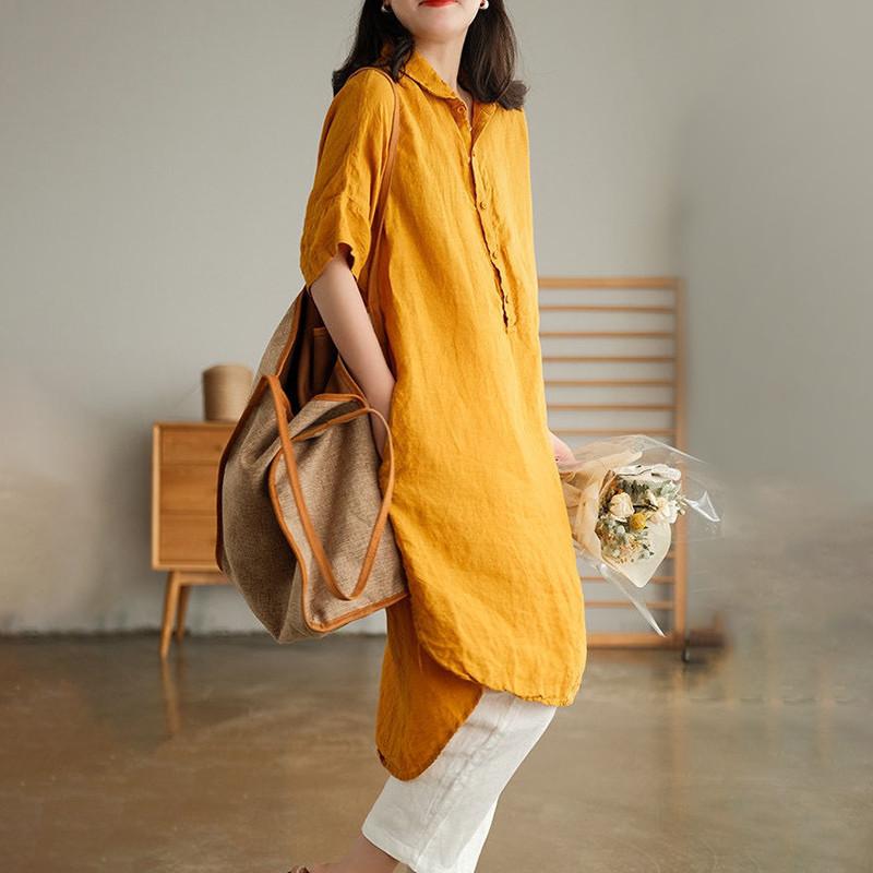 シャツ レディース ロング 半袖 ブラウス リネン Tシャツ ロングシャツ 春 夏 春服 夏服 きれいめ トップス カットソー カジュアル 体型カバー | ブランド登録なし | 02