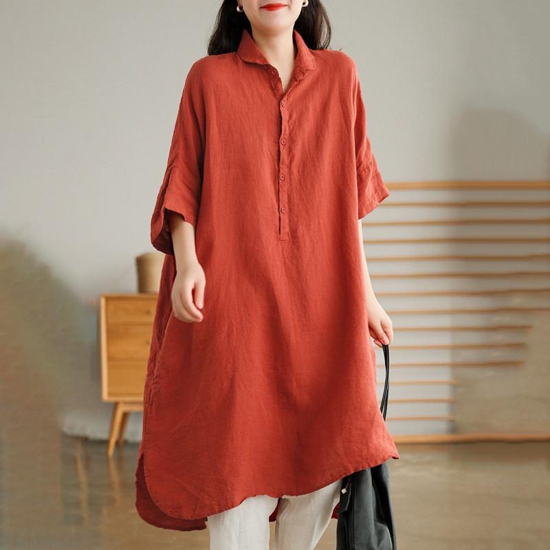 シャツ レディース ロング 半袖 ブラウス リネン Tシャツ ロングシャツ 春 夏 春服 夏服 きれいめ トップス カットソー カジュアル 体型カバー | ブランド登録なし | 03