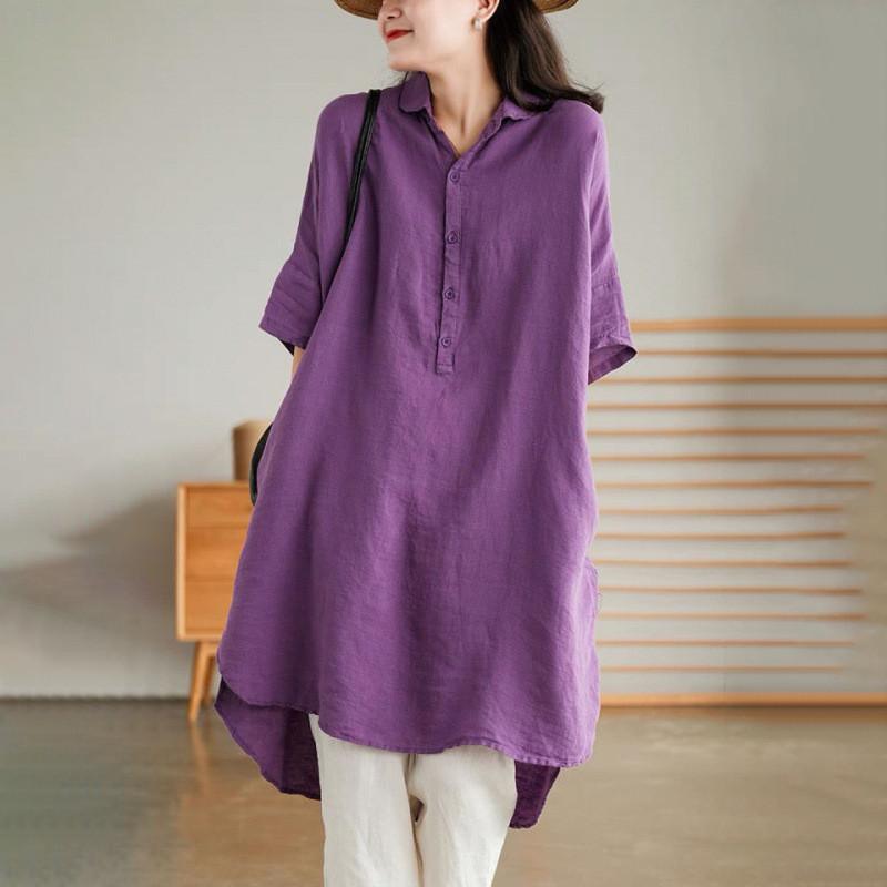 シャツ レディース ロング 半袖 ブラウス リネン Tシャツ ロングシャツ 春 夏 春服 夏服 きれいめ トップス カットソー カジュアル 体型カバー | ブランド登録なし | 04