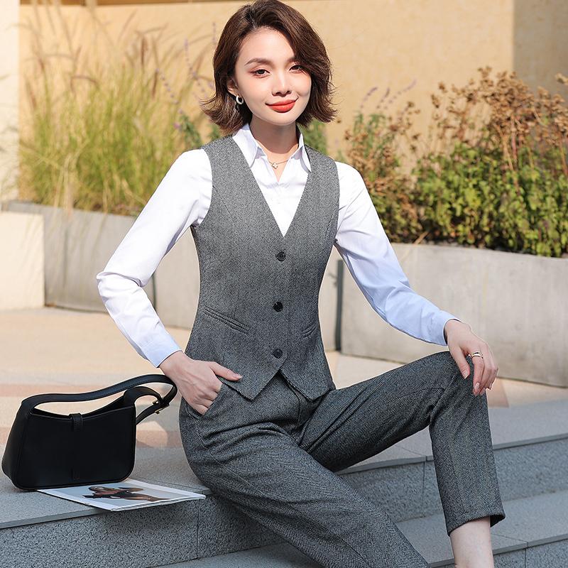 事務服 ベストスーツ パンツスーツ 上下セット ベスト 秋 春 フォーマル 制服 オフィス ビジネス 通勤 テーパードパンツ 就活 着易さ抜群 洗える | ブランド登録なし | 01