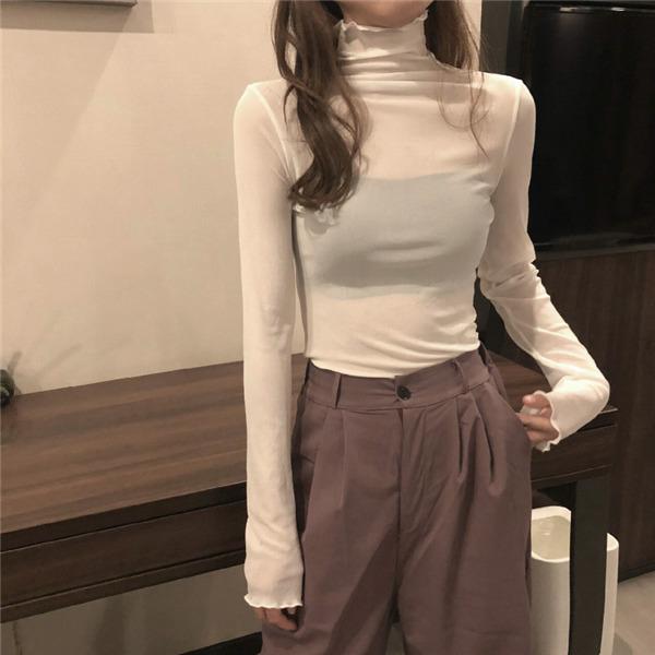 Tシャツ 長袖 レディース レース 透かし感 プルオーバー トップス 春 夏 秋 ハイネック 無地 薄手 通気性 おしゃれ 通勤 通学 カジュアル | ブランド登録なし | 01