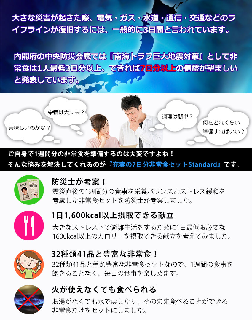 厳選した32種類41アイテムの7日分非常食セット