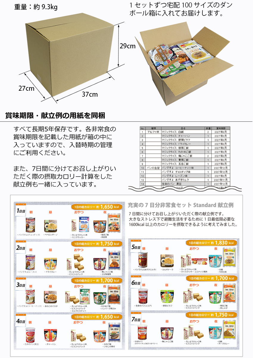 コンパクトで保管・管理がしやすく、賞味期限・献立例も同梱
