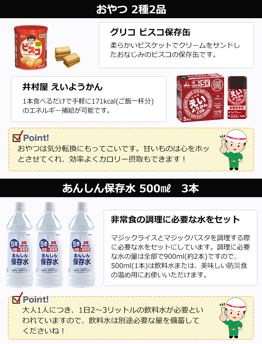 ビスコ保存缶、井村屋えいようかん、あんしん保存水