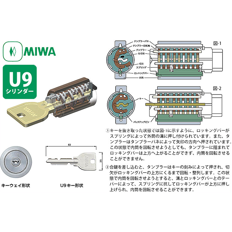 MIWA 鍵 美和ロック 交換用 取替用 U9シリンダー LIX+LIX TE0 LE0 PESP GAS 2個同一キー SA色 MCY-427｜ring-g｜04