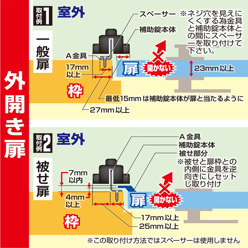 補助錠 防犯グッズ 玄関 倉庫 鍵 工事不要 簡単取付 外開き どあ